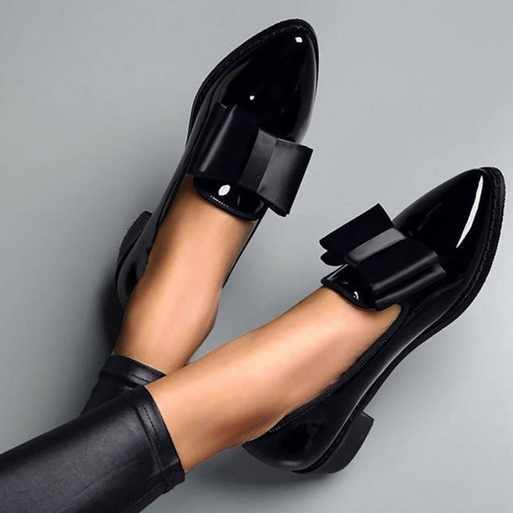 Spring Bowtie Patent Leather Low Heels Pointed Toe Thick Heel