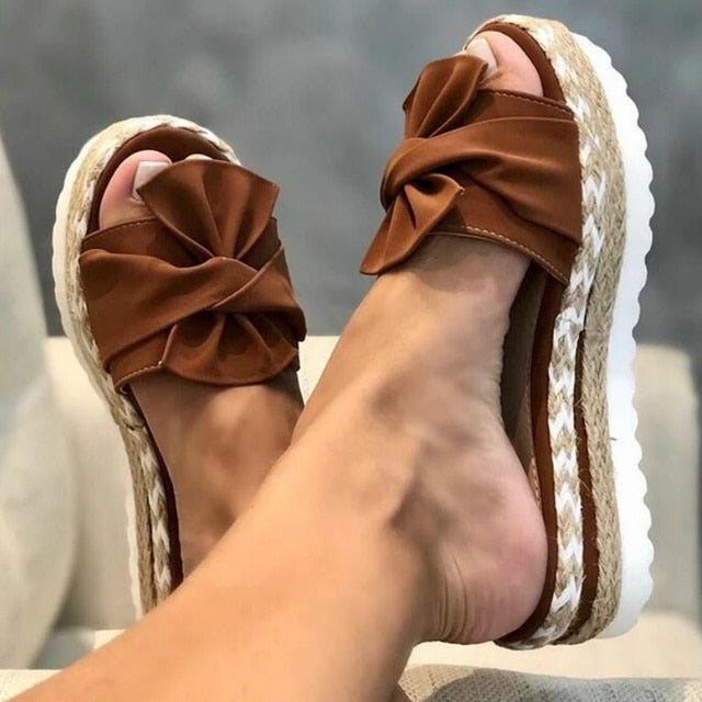 Women Summer Platform Wedges Knot Peep Toe Beach Shoes