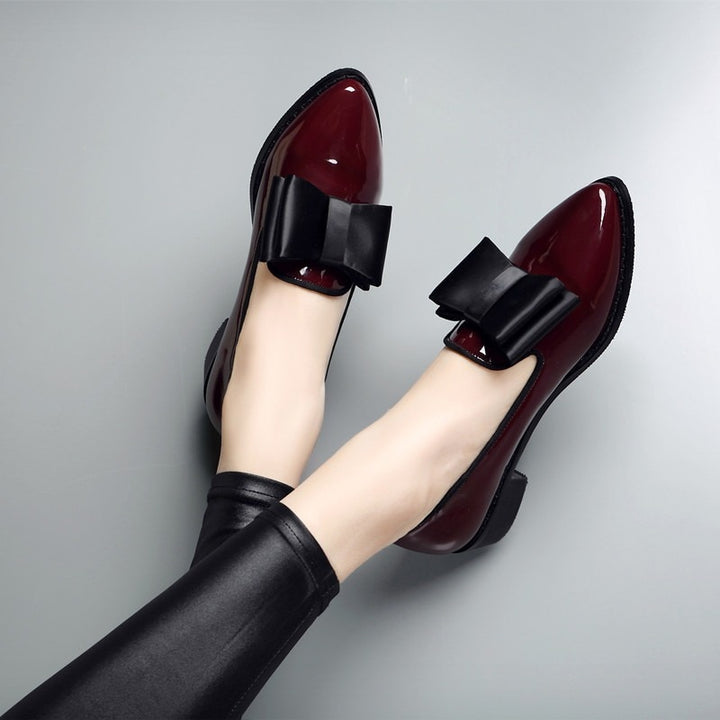 Spring Bowtie Patent Leather Low Heels Pointed Toe Thick Heel